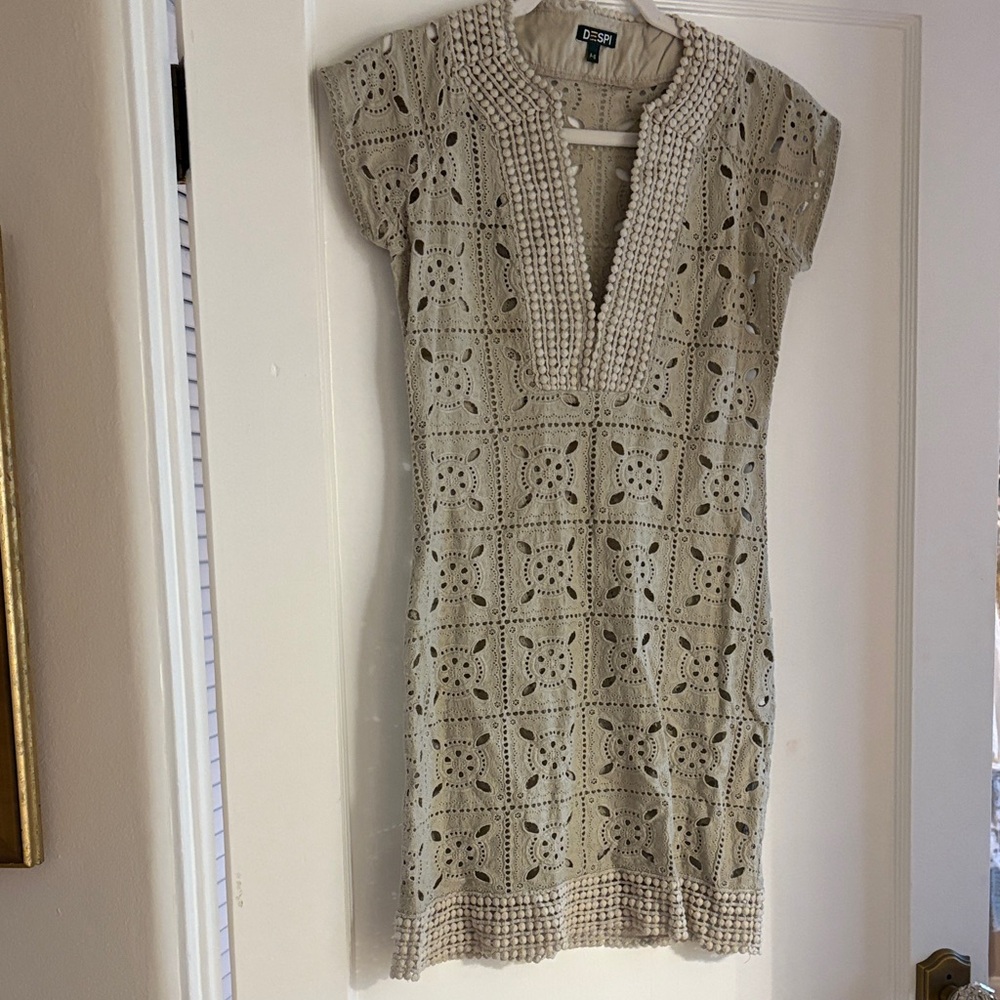 DESPI Crochet Eyelet Tunic Dress in Light Beige/ taupe